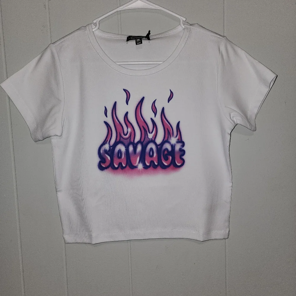 NWT Dolls Kill Hot Pink And Purple Airbrush Savage Crop Top - Picture 2 of 9